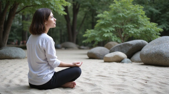 Persona che medita in un giardino zen