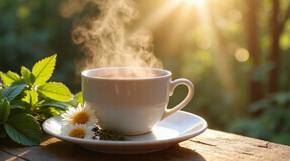 Tazza di tisana fumante con erbe aromatiche