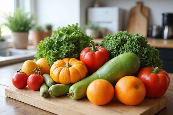 Frutta e verdura fresca su un tagliere