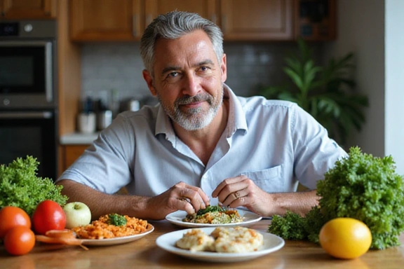 Uomo che consuma un pasto sano e bilanciato