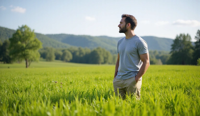 Uomo in salute e vitale in un campo verde, simbolo della forza della natura e del benessere maschile.