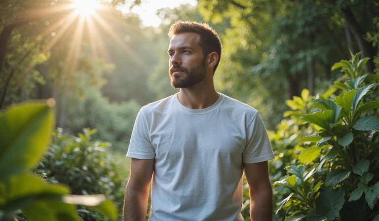 Visione futuristica di un uomo in salute, con energia radiosa, circondato da elementi naturali e tecnologici che simboleggiano innovazione e benessere.