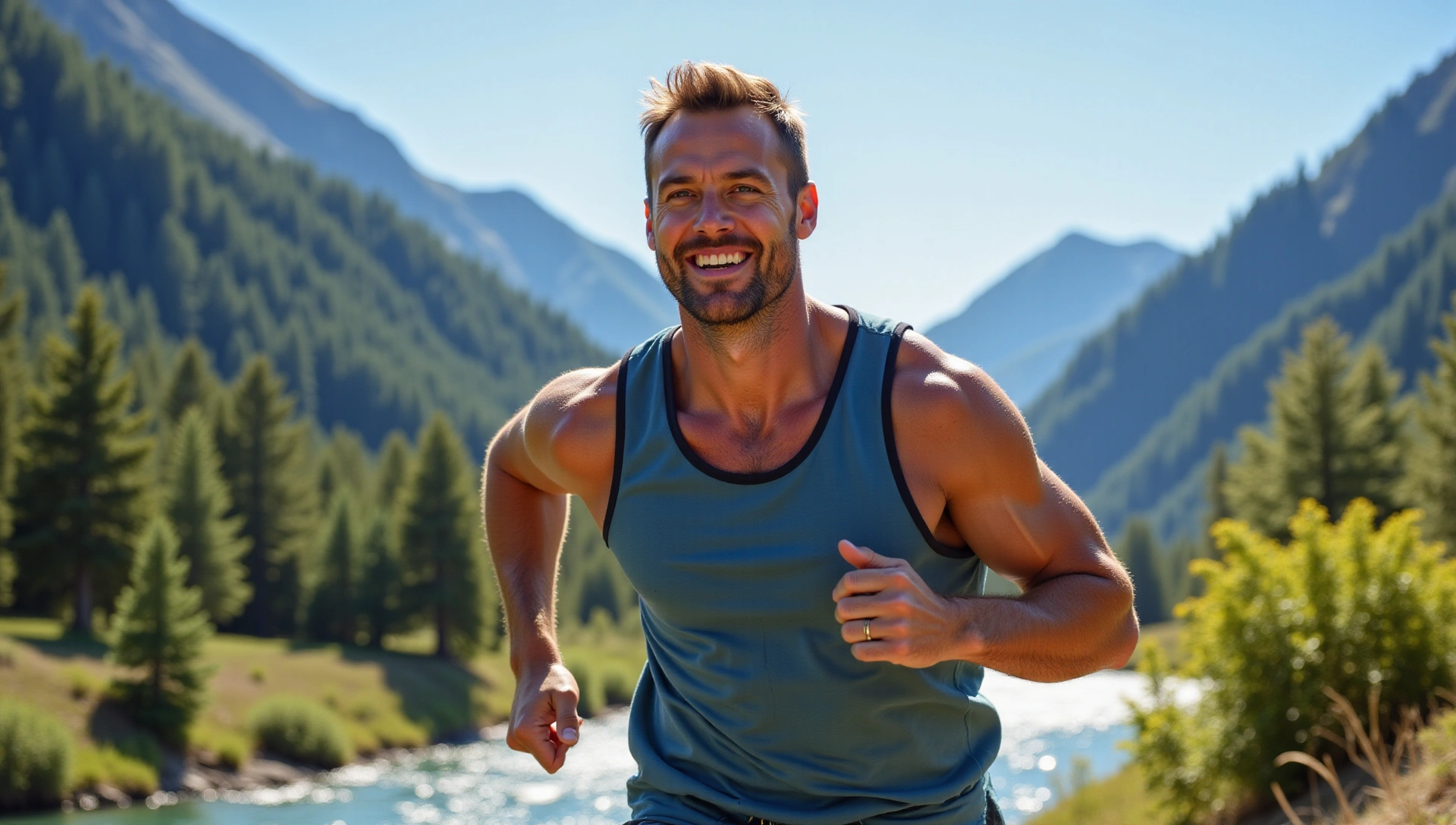 Uomo sano e attivo in un ambiente naturale che trasmette energia e benessere