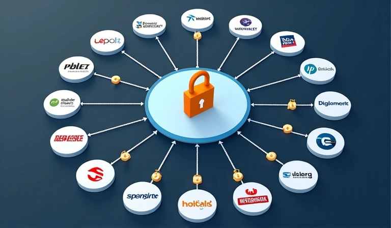 Icone di aziende interconnesse che rappresentano la condivisione di dati con terze parti, con un focus sulla sicurezza