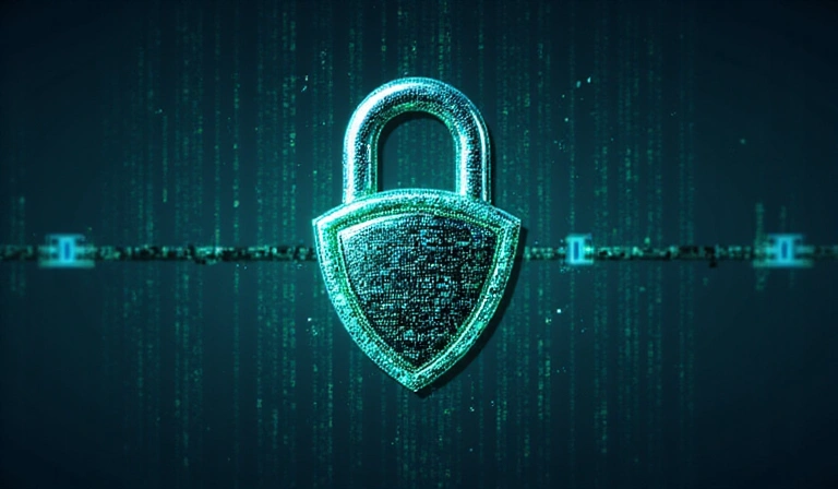 Rappresentazione di un lucchetto digitale e uno scudo che simboleggiano le misure di sicurezza dei dati