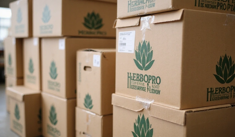 Pacchi di prodotti HerboPro pronti per la spedizione